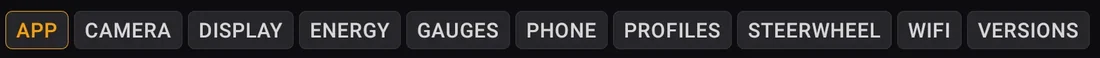 The ten Settings tabs: App, Camera, Display, Energy, Gauges, Phone, Profiles, Steerwheel, WiFi and Versions