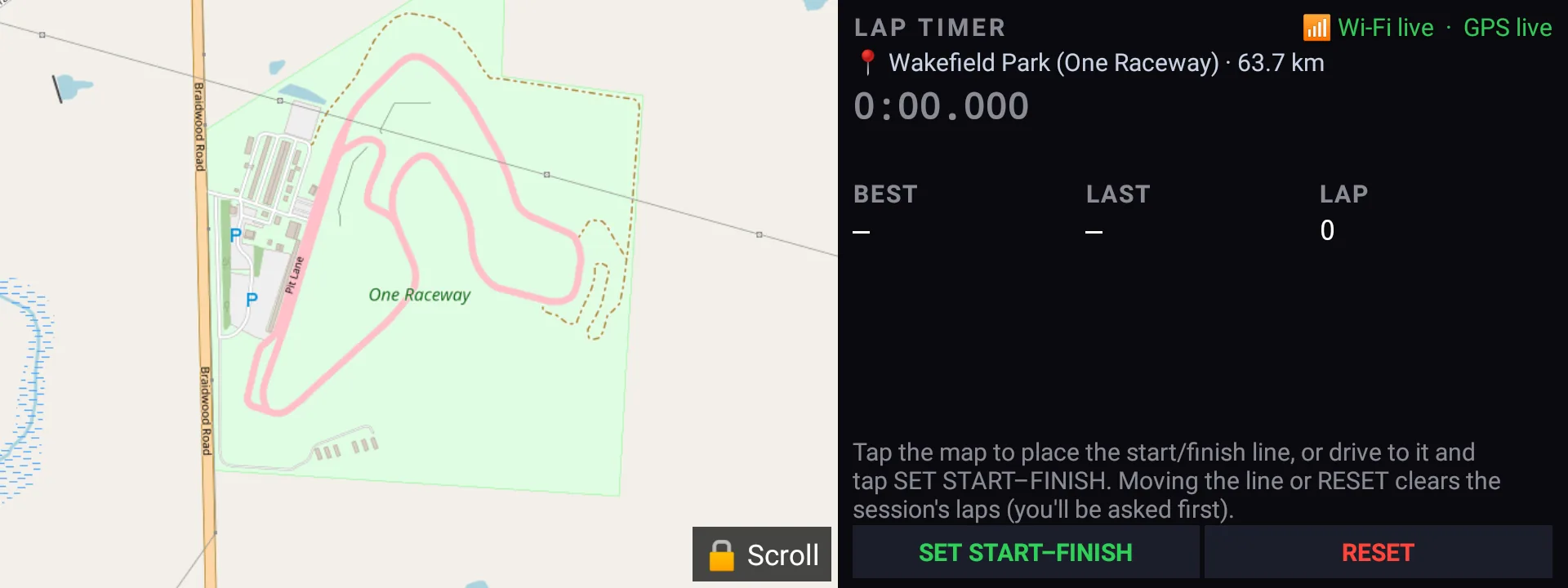 The Lap page: a GPS lap timer showing the Wakefield Park circuit map and best, last and current lap times.