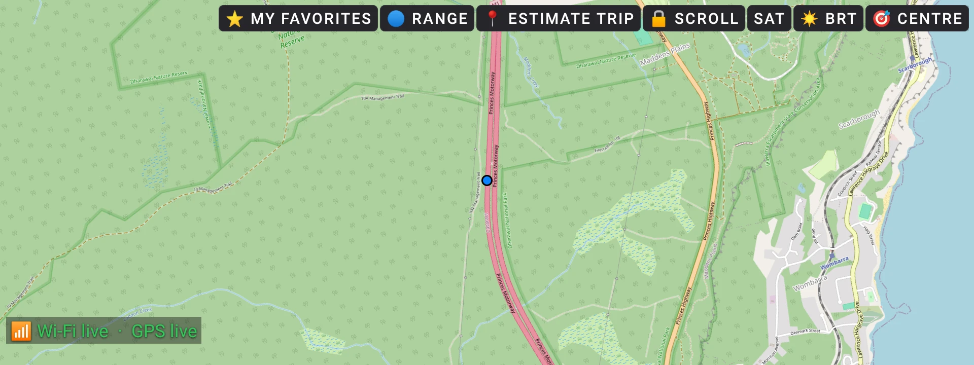 The Map page on the car: the car's blue dot on the Princes Motorway, with the Wi-Fi live and GPS live badge.