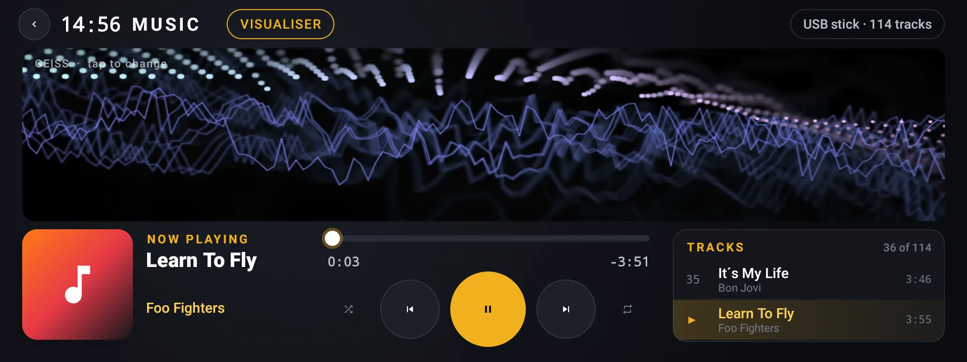 The music player: a song from a USB stick playing, with the visualiser across the top moving to the music