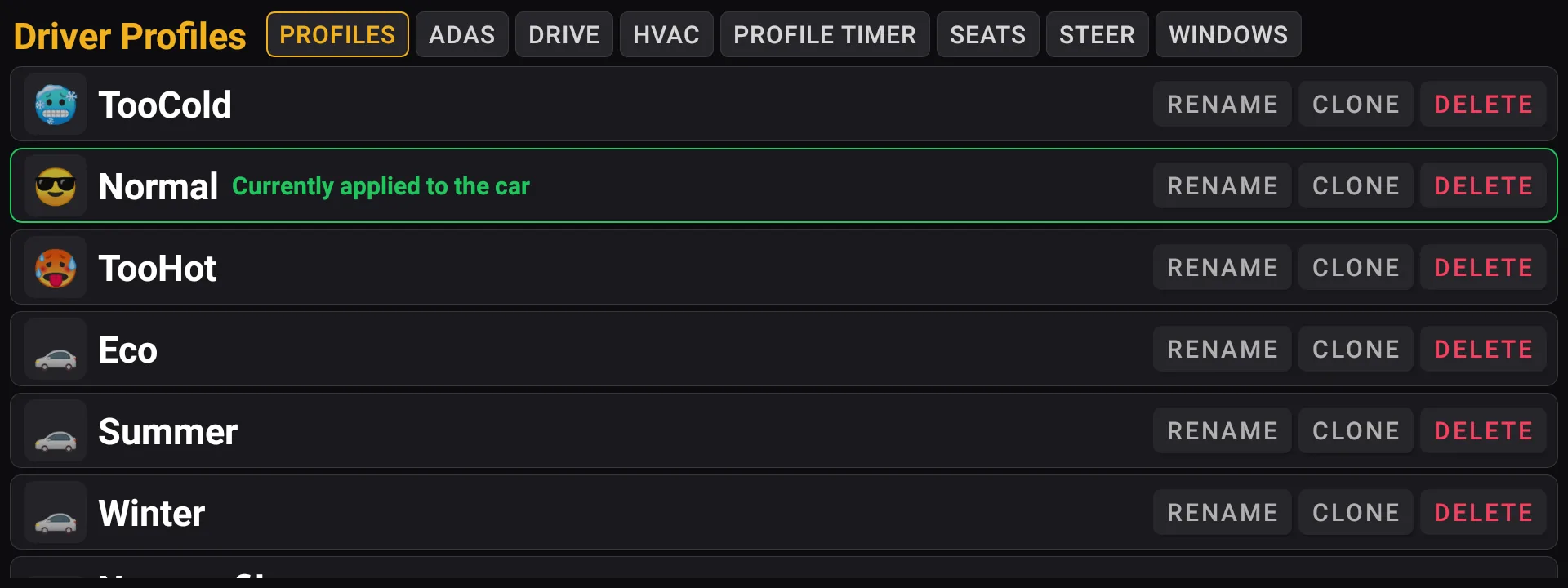 The Driver Profiles page: the saved profiles, with the one applied to the car marked